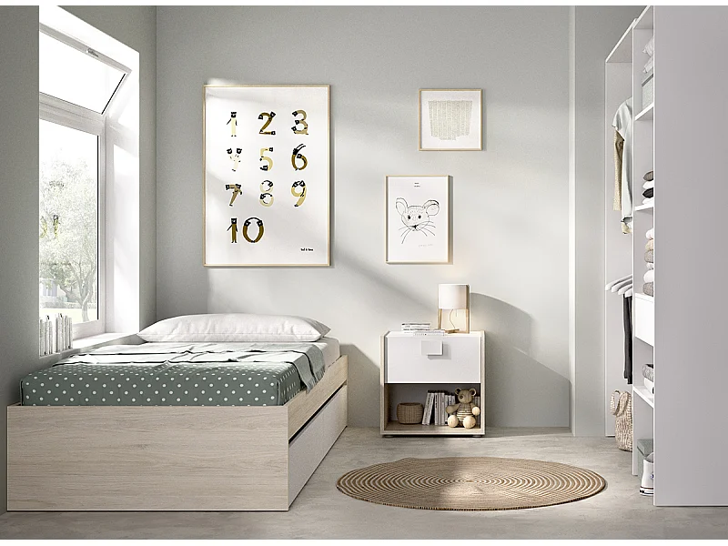 Ensemble de lit gigogne avec 2 tiroirs + Table de nuit + armoire coloris chêne naturel, blanc