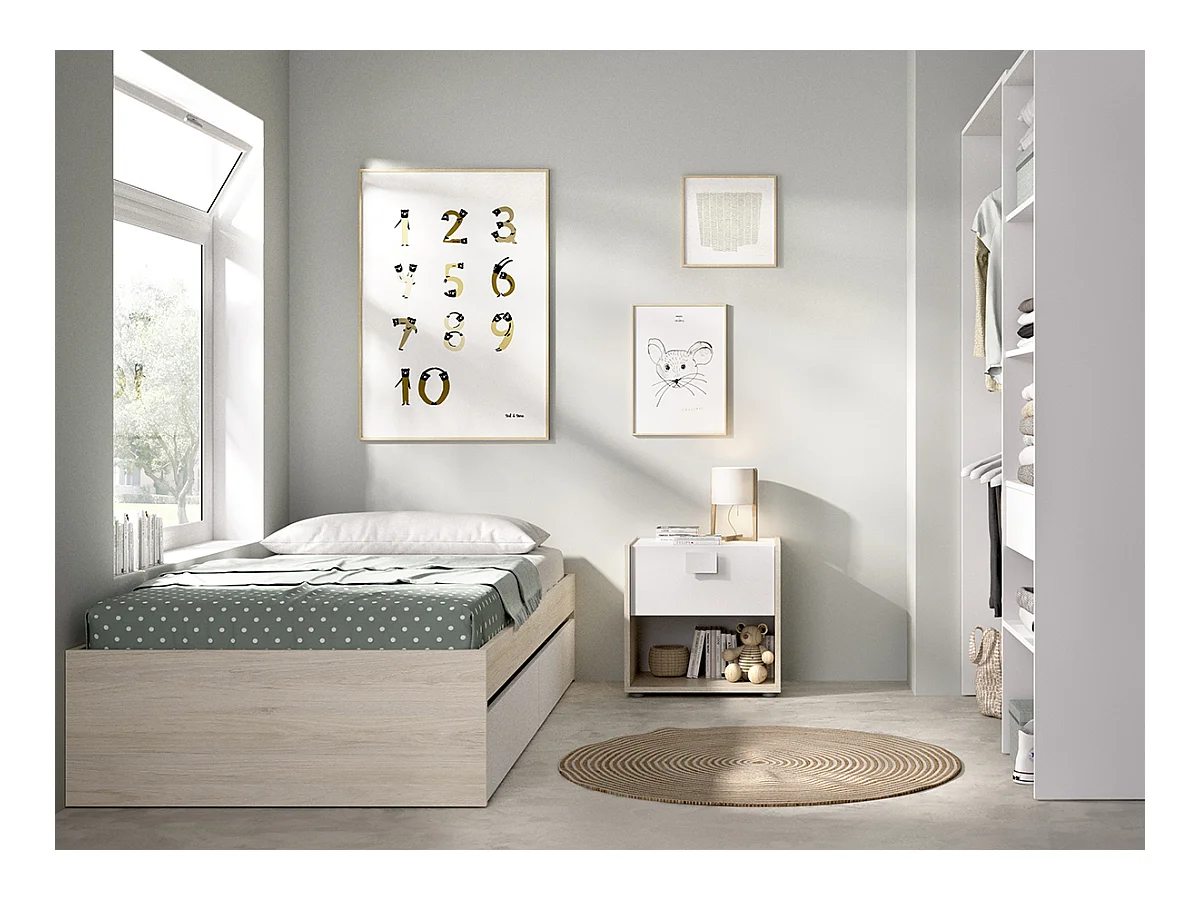Ensemble de lit gigogne avec 2 tiroirs + Table de nuit + armoire coloris chêne naturel, blanc