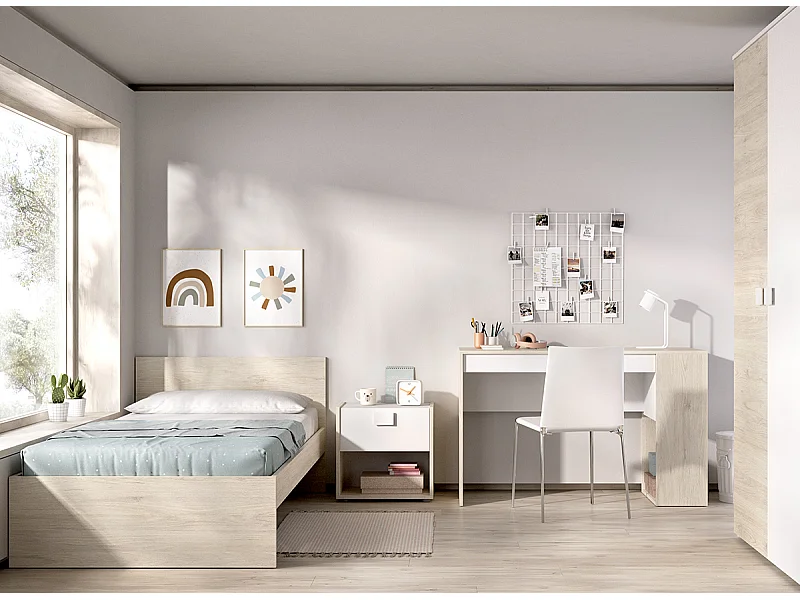 Ensemble de lit adulte + table de nuit + meuble de bureau + armoire coloris blanc, chêne naturel