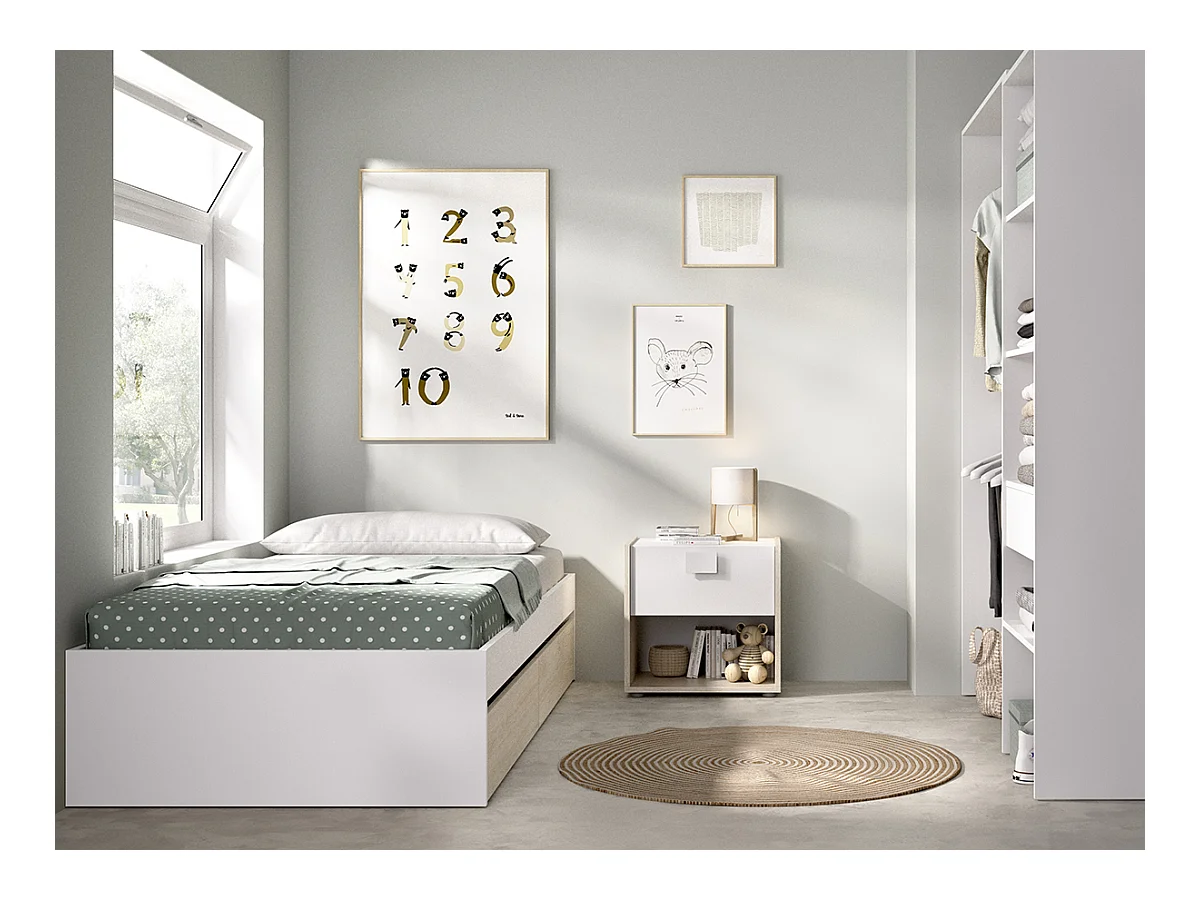 Ensemble de lit gigogne avec 2 tiroirs + Table de nuit + armoire  pour enfant chêne naturel, blanc