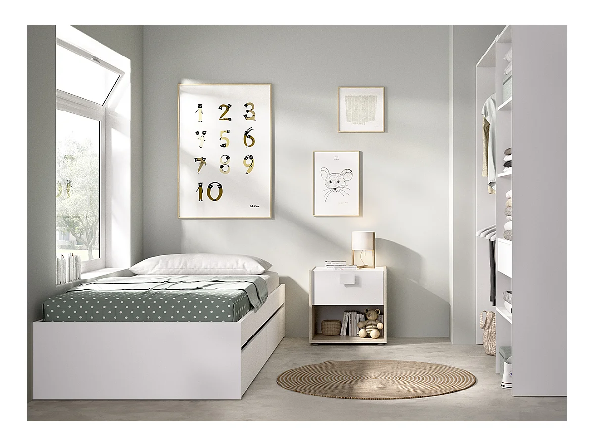 Ensemble de lit gigogne avec 2 tiroirs + Table de nuit + armoire pour enfant coloris blanc
