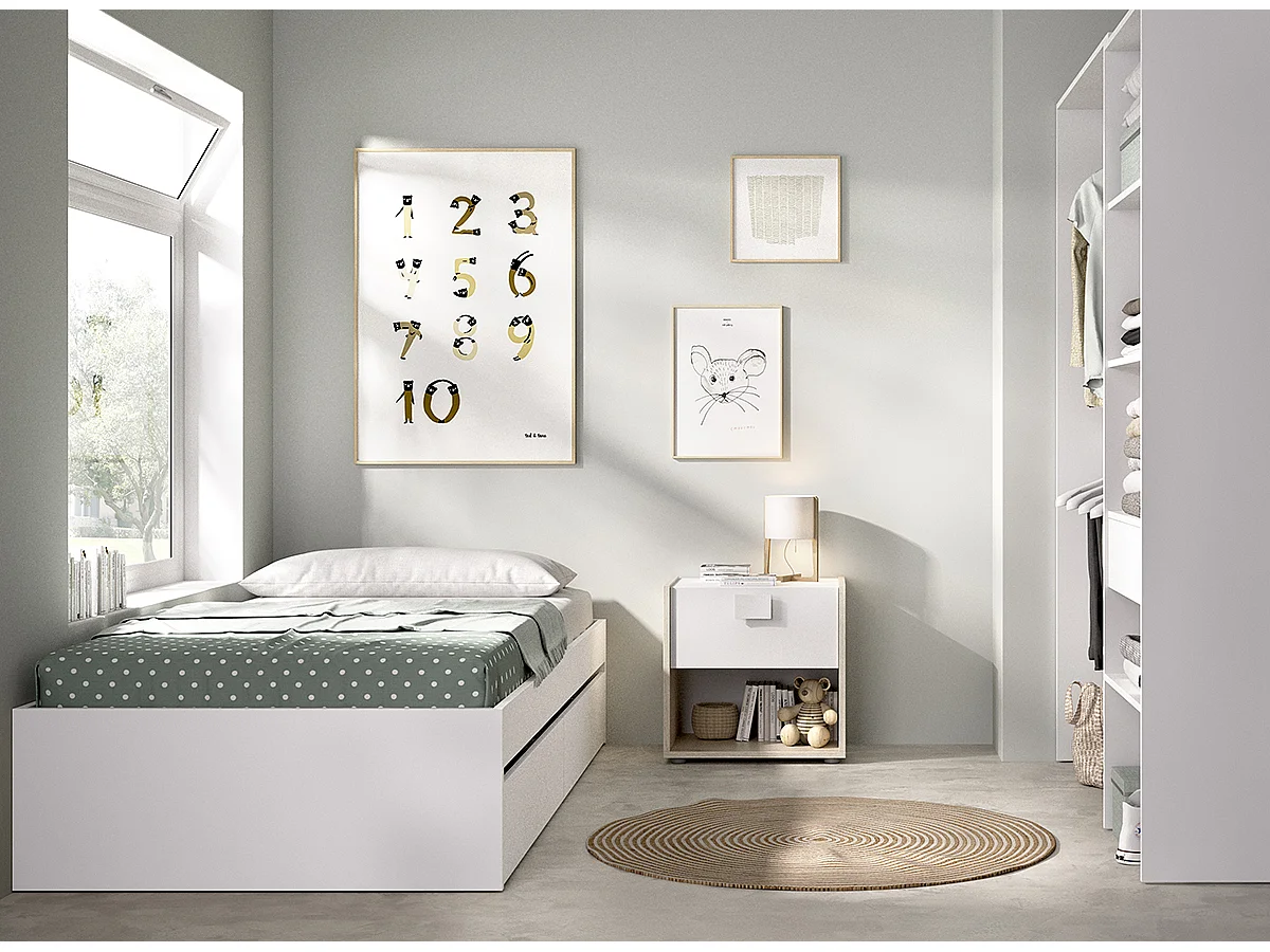 Ensemble de lit gigogne avec 2 tiroirs + Table de nuit + armoire pour enfant coloris blanc