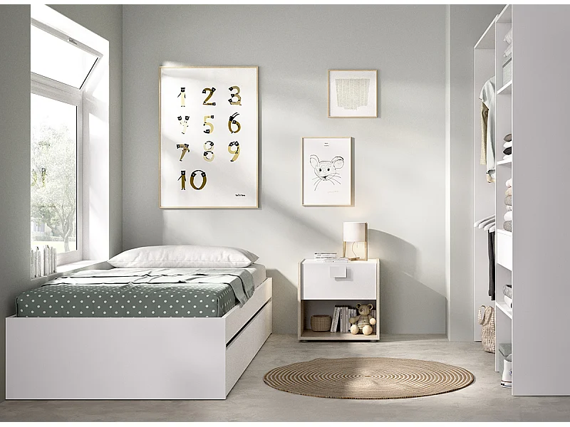 Ensemble de lit gigogne avec 2 tiroirs + Table de nuit + armoire pour enfant coloris blanc