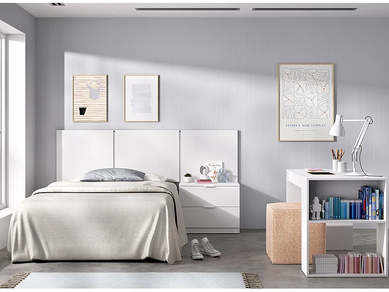 Ensemble de tête de lit + table de chevet avec 2 tiroirs + bureau pour enfant coloris blanc
