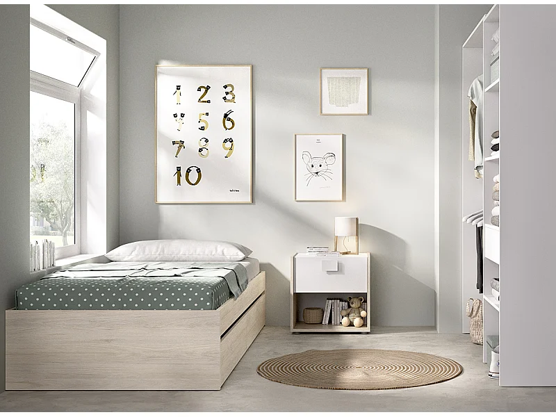 Ensemble de lit gigogne avec 2 tiroirs + Table de nuit + armoire pour enfant coloris chêne naturel