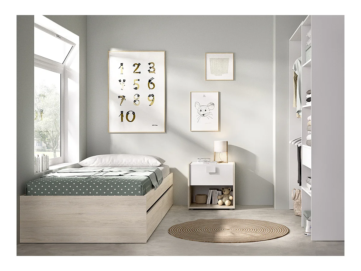 Ensemble de lit gigogne avec 2 tiroirs + Table de nuit + armoire pour enfant coloris chêne naturel