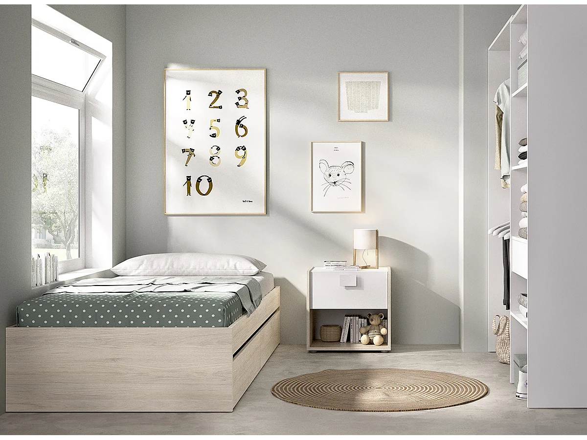 Ensemble de lit gigogne avec 2 tiroirs + Table de nuit + armoire pour enfant coloris chêne naturel