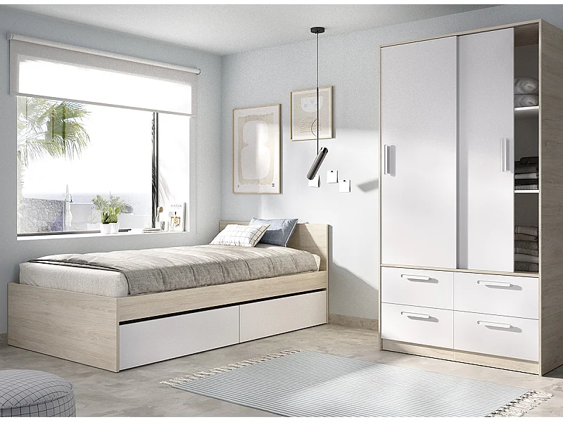 Ensemble de lit + table de nuit + meuble de bureau + armoire pour enfant coloris blanc, chêne naturel