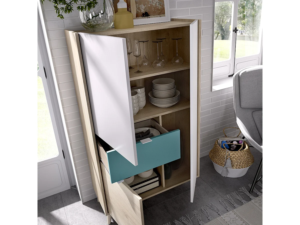 Ensemble de lit + table de nuit + meuble de bureau + armoire pour enfant coloris blanc, chêne naturel