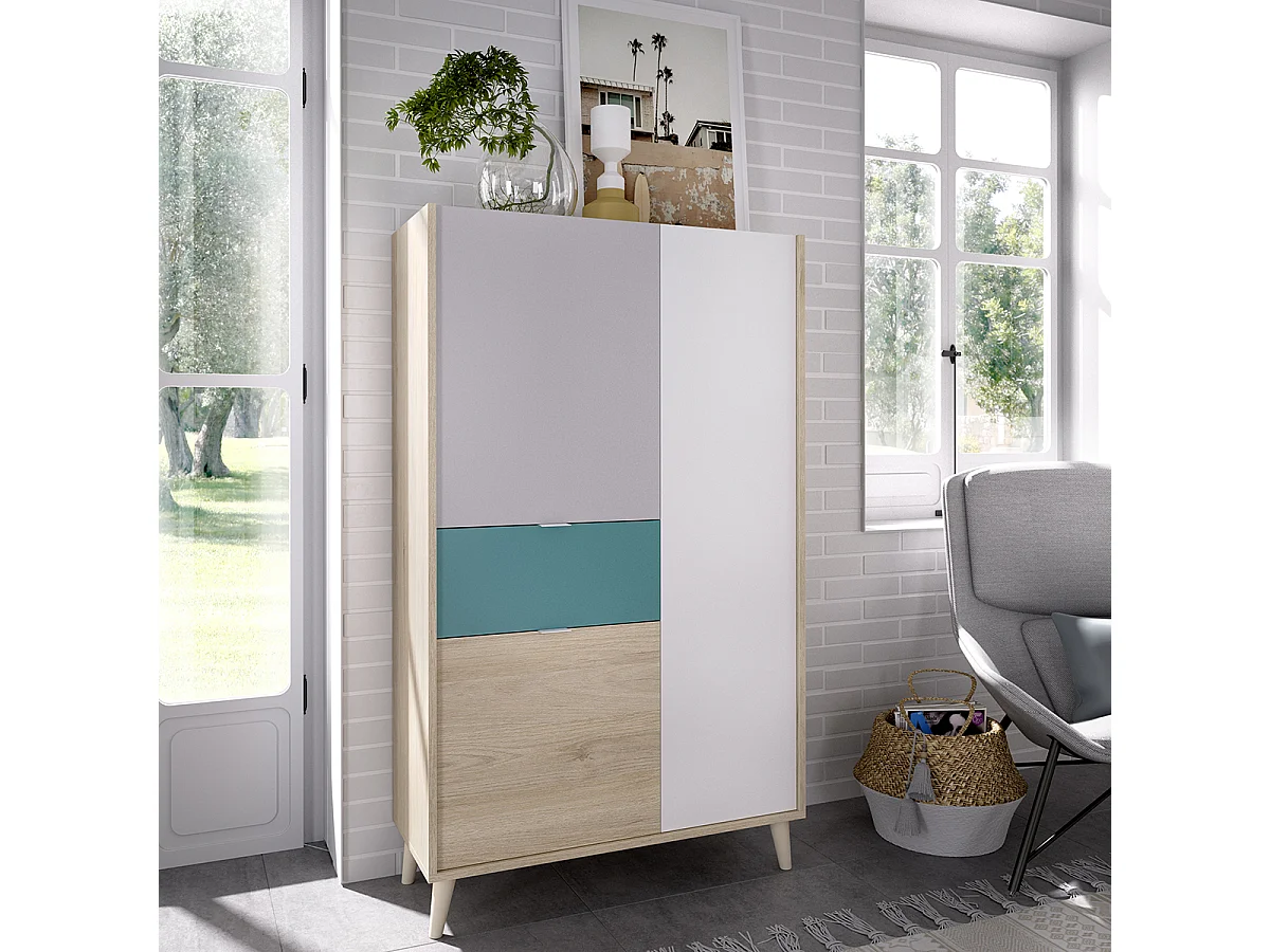 Ensemble de lit + table de nuit + meuble de bureau + armoire pour enfant coloris blanc, chêne naturel