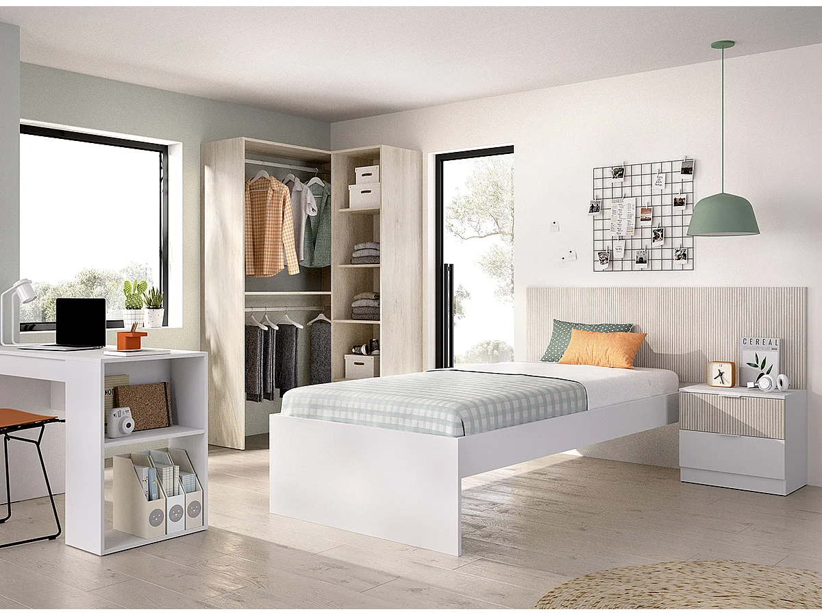 Ensemble chambre enfant, couchage 90 x 190 cm imitation lamelles, blanc