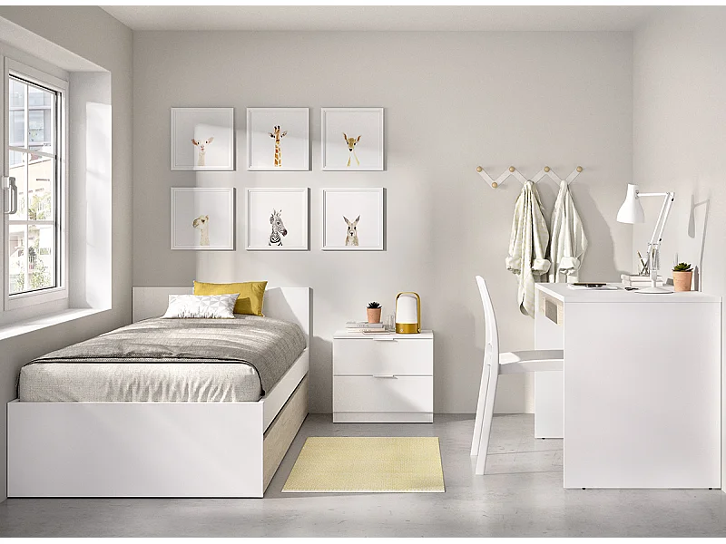Ensemble de lit avec 1 tiroir 90x190 cm + table de nuit avec 2 tiroirs + meuble de bureau avec 1 tiroir pour enfant coloris blanc, chêne naturel