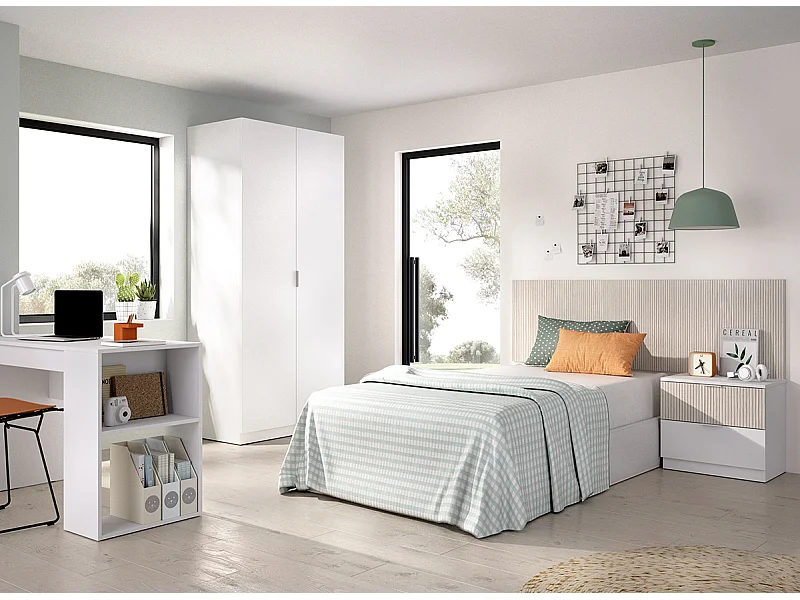 Ensemble chambre enfant avec couchage 90 x 190 cm coloris imitation lamelles, blanc