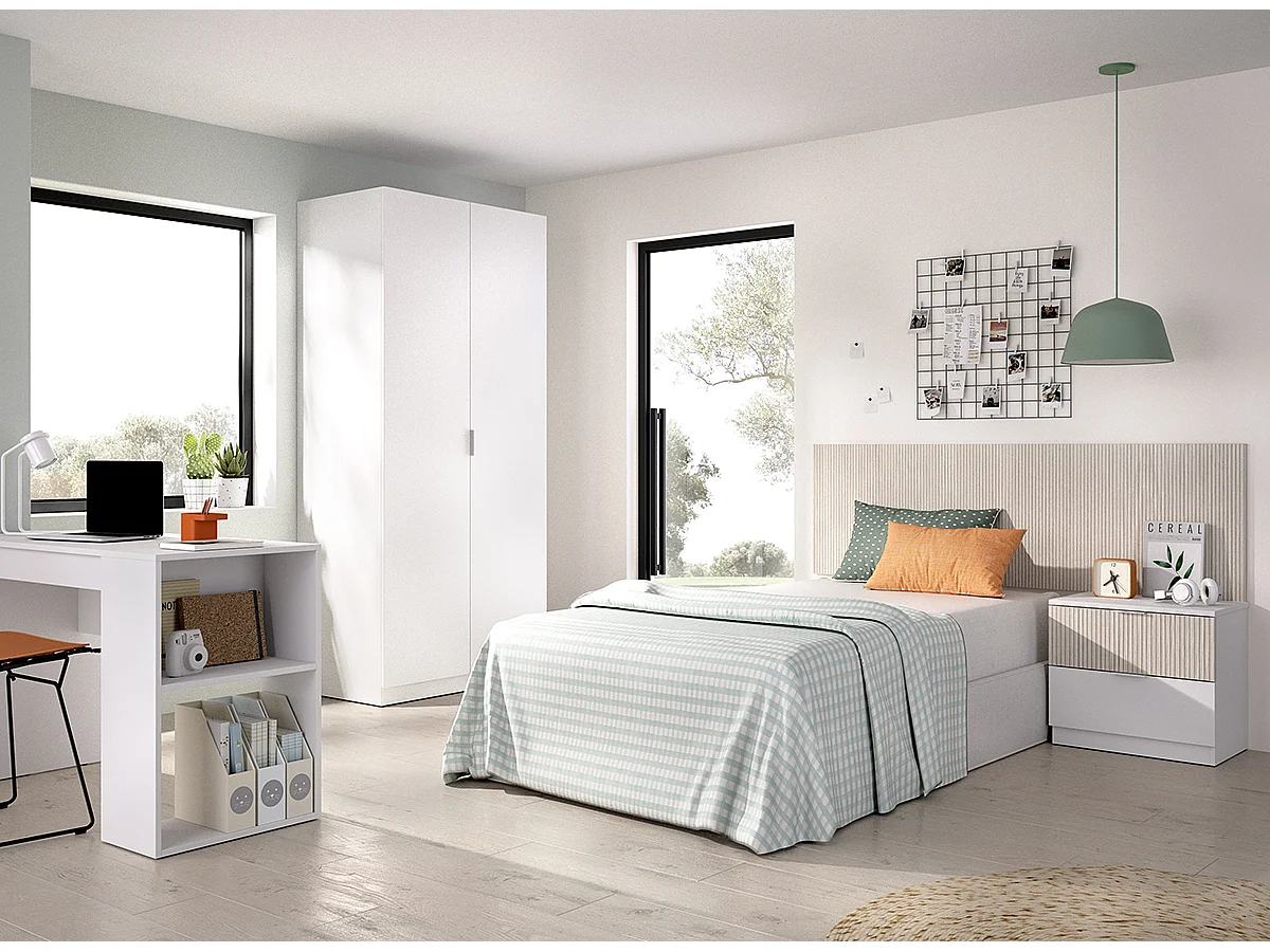 Ensemble chambre enfant avec couchage 90 x 190 cm coloris imitation lamelles, blanc