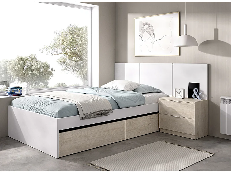 Ensemble de tête de lit coloris blanc + table de chevet avec 2 tiroirs + structure de lit pour enfant coloris chêne naturel