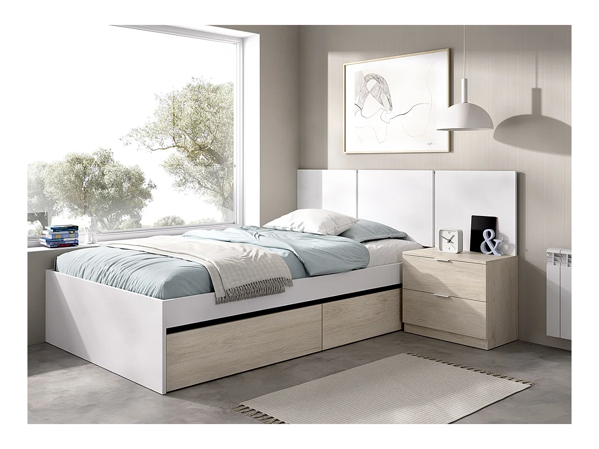 Ensemble de tête de lit coloris blanc + table de chevet avec 2 tiroirs + structure de lit pour enfant coloris chêne naturel