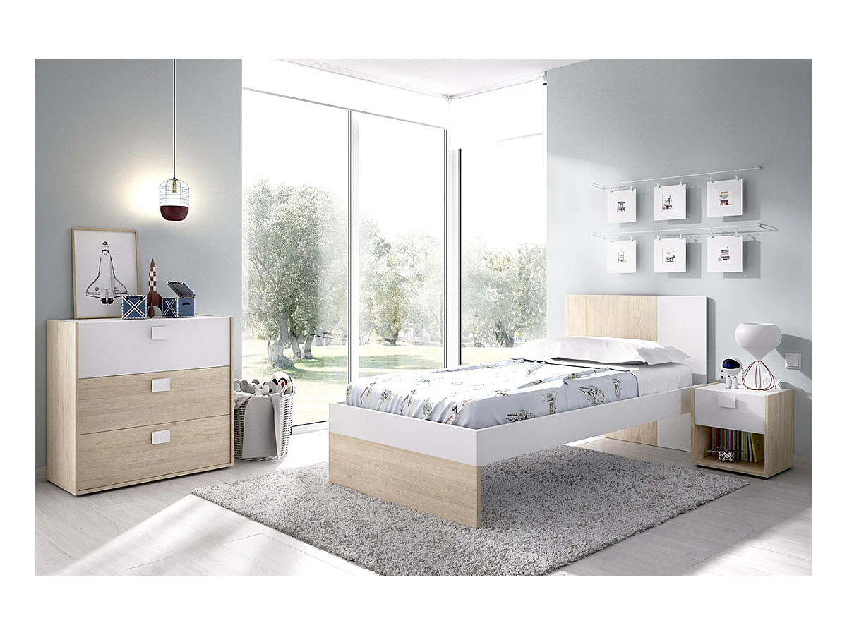 Ensemble chambre à coucher pour enfant complète  ( lit enfant 190x90 cm avec 2 tiroirs + table de chevet + commode ) coloris blanc, chêne naturel
