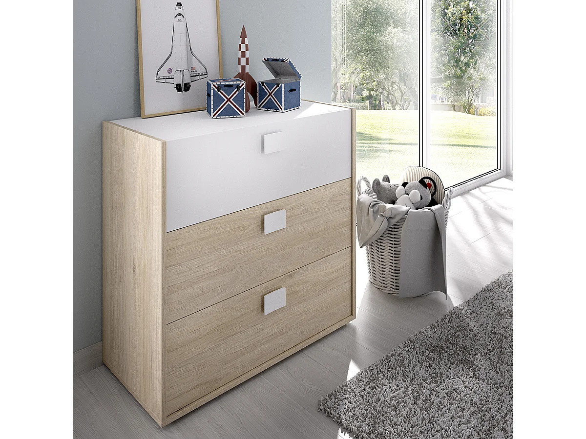 Ensemble chambre à coucher pour enfant complète  ( lit enfant 190x90 cm avec 2 tiroirs + table de chevet + commode ) coloris blanc, chêne naturel