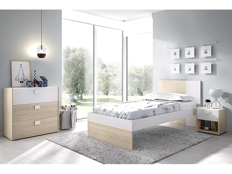 Ensemble chambre à coucher pour enfant complète  ( lit enfant 190x90 cm avec 2 tiroirs + table de chevet + commode ) coloris blanc, chêne naturel