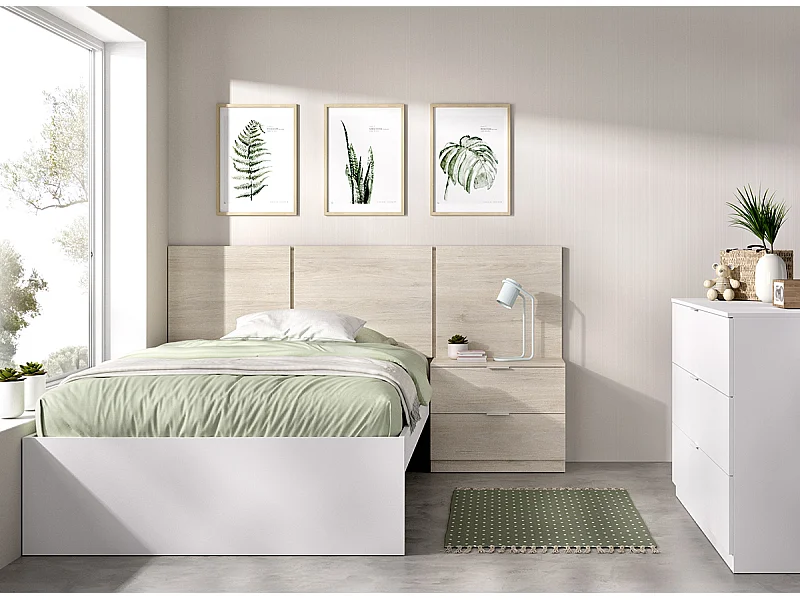 Ensemble de tête de lit + table de chevet avec 2 tiroirs + structure de lit + commode pour enfant coloris chêne naturel, blanc