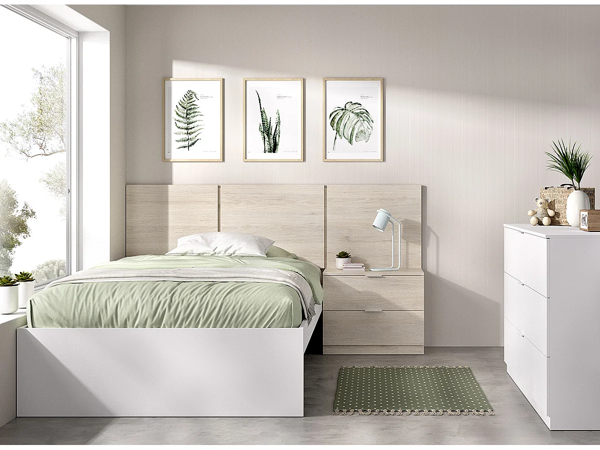 Ensemble de tête de lit + table de chevet avec 2 tiroirs + structure de lit + commode pour enfant coloris chêne naturel, blanc
