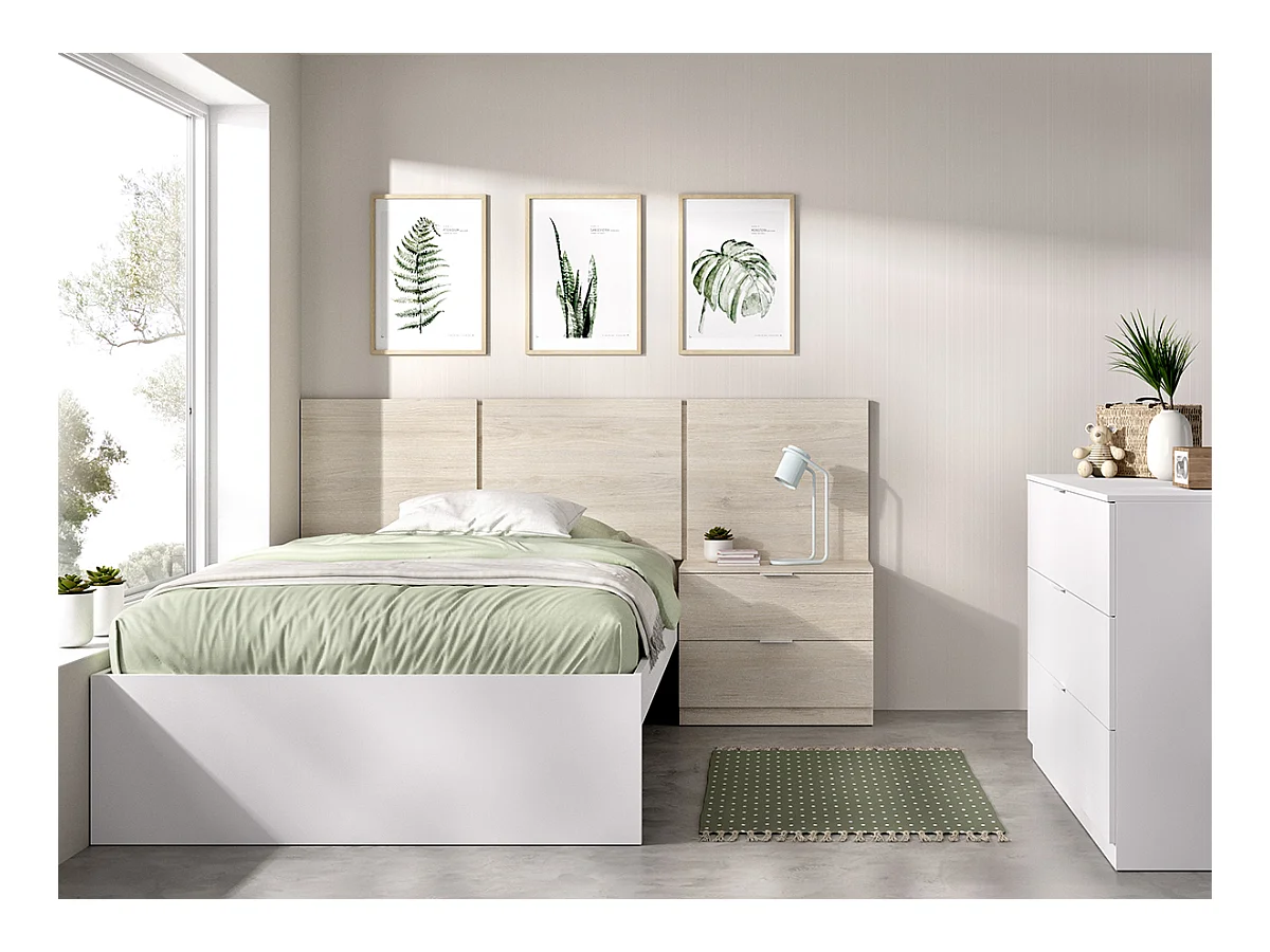 Ensemble de tête de lit + table de chevet avec 2 tiroirs + structure de lit + commode pour enfant coloris chêne naturel, blanc