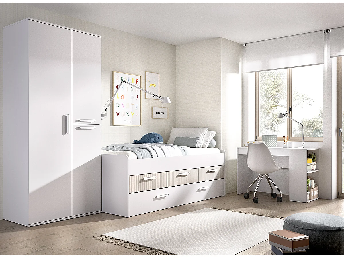 Ensemble de lit + armoire + bureau pour enfant coloris imitation lamelles, blanc