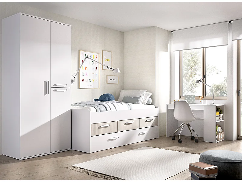 Ensemble de lit + armoire + bureau pour enfant coloris imitation lamelles, blanc