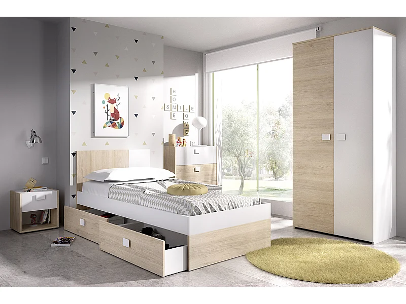 Ensemble chambre à coucher pour enfant complète ( lit enfant 190x90 cm avec 2 tiroirs + table de chevet + armoire + commode ) coloris blanc, chêne naturel