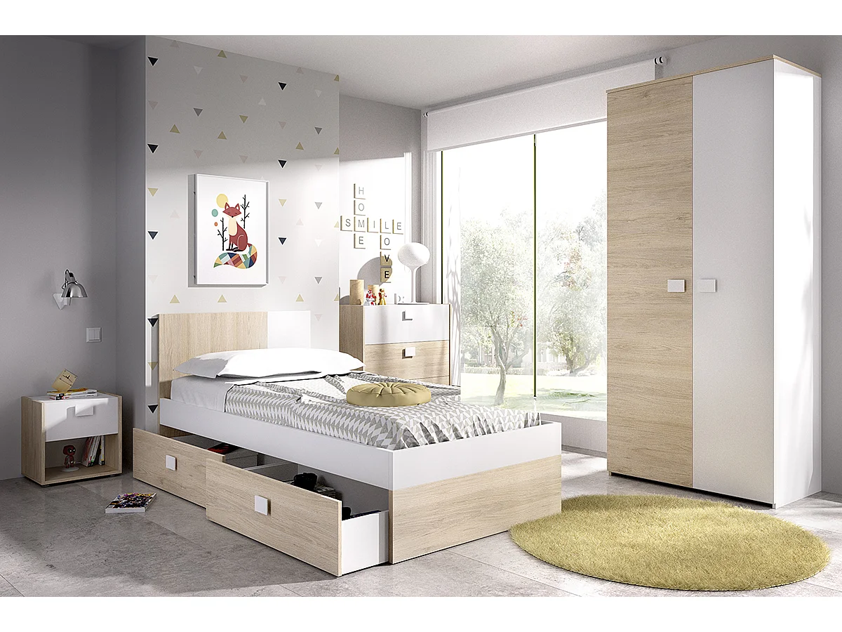 Ensemble chambre à coucher pour enfant complète ( lit enfant 190x90 cm avec 2 tiroirs + table de chevet + armoire + commode ) coloris blanc, chêne naturel