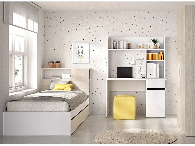 Ensemble de tête de lit et structure avec tiroir de lit + Bureau + armoire avec 2 portes pour enfant coloris chêne naturel, blanc