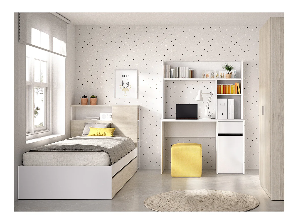 Ensemble de tête de lit et structure avec tiroir de lit + Bureau + armoire avec 2 portes pour enfant coloris chêne naturel, blanc