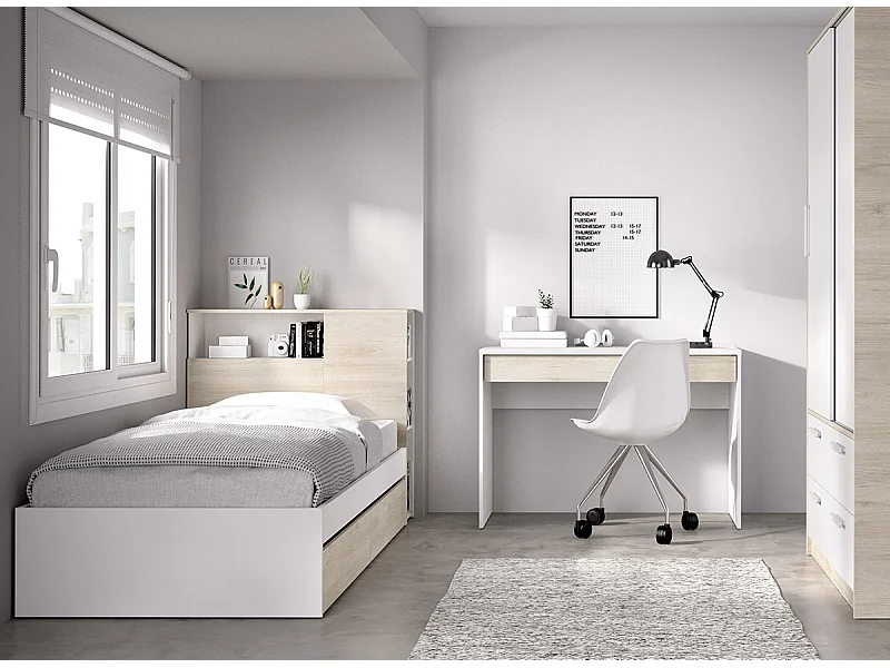 Ensemble de tête de lit + stucture de lit avec 2 tiroirs + bureau + armoire pour enfant coloris chêne naturel, blanc
