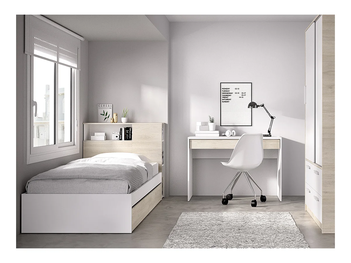 Ensemble de tête de lit + stucture de lit avec 2 tiroirs + bureau + armoire pour enfant coloris chêne naturel, blanc