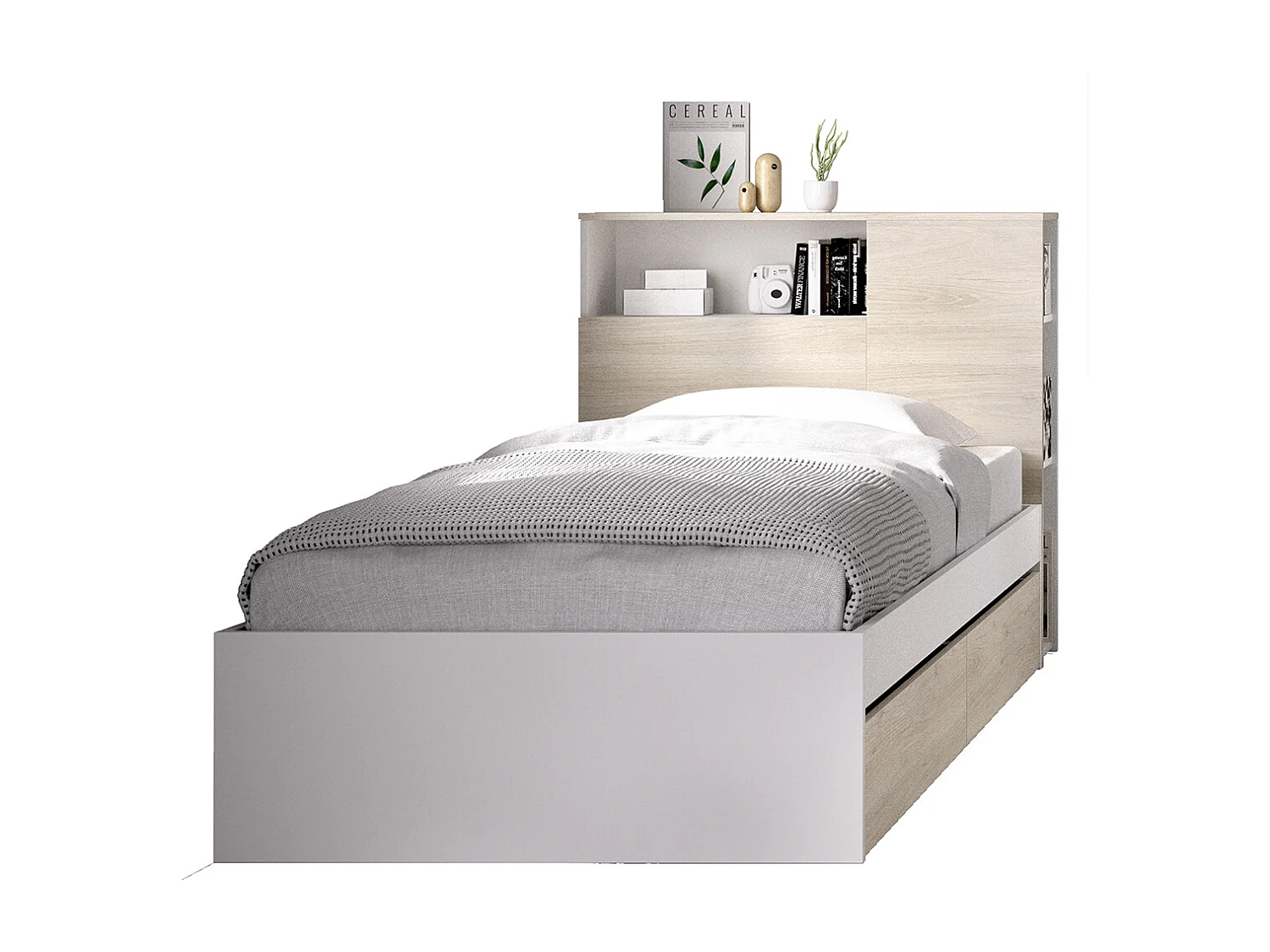 Ensemble de tête de lit + stucture de lit avec 2 tiroirs + bureau + armoire pour enfant coloris chêne naturel, blanc