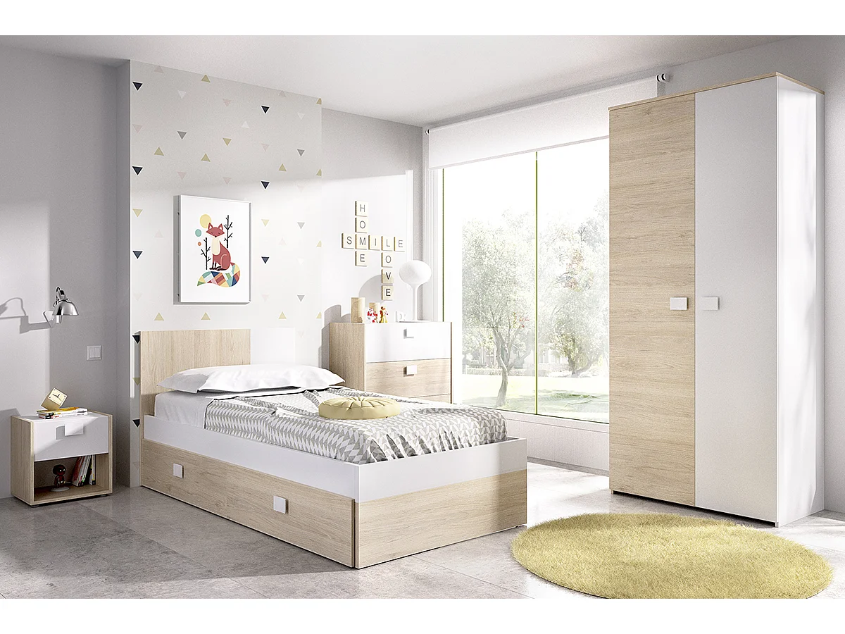 Ensemble chambre à coucher pour enfant complète ( lit enfant 190x90 cm avec 1 tiroir + table de chevet + armoire + commode ) coloris blanc, chêne naturel