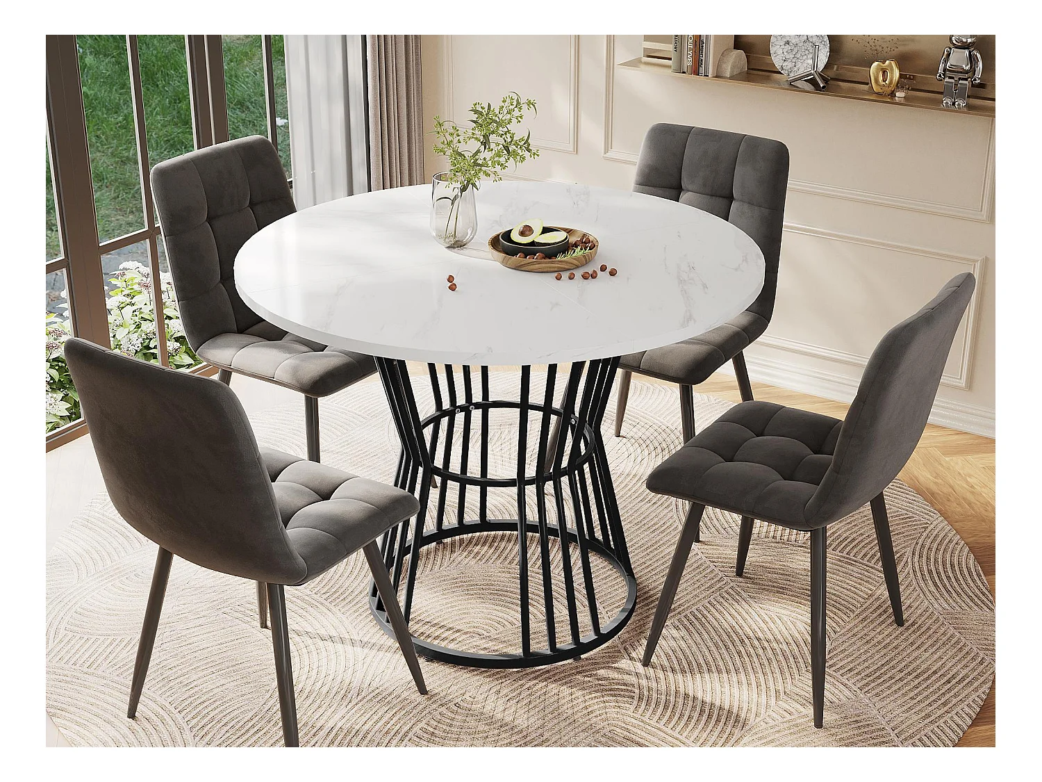 Table à manger ronde - structure en métal - placage à motif marbre - Blanc & Noir