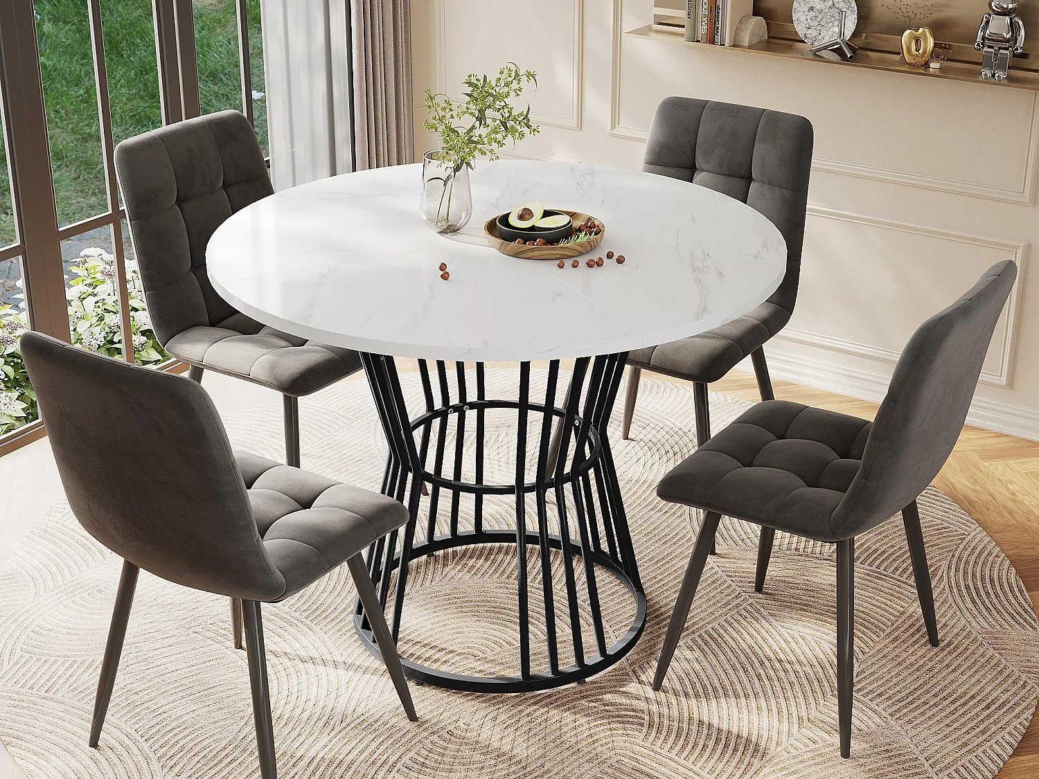 Ronde eettafel - metalen structuur - marmerpatroon fineer - Wit & Zwart