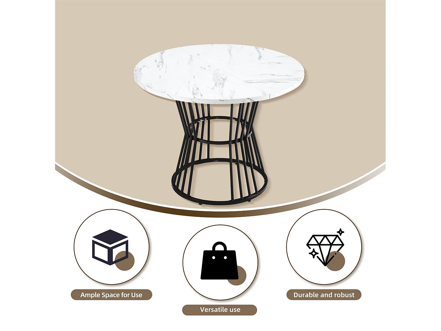 Ronde eettafel - metalen structuur - marmerpatroon fineer - Wit & Zwart