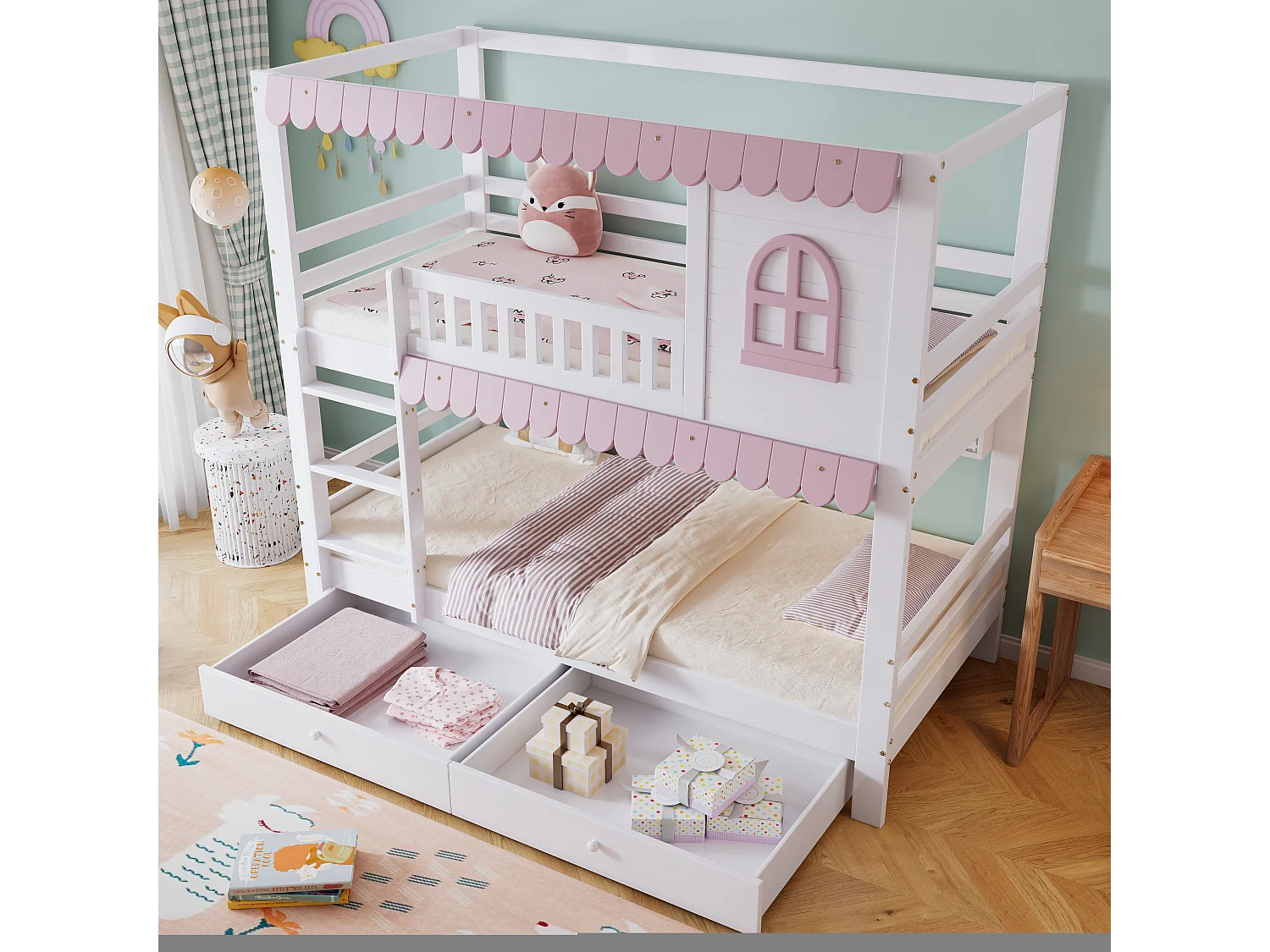 Lit superposé en bois - 90x200 cm - avec 2 tiroirs et étagères - Blanc & Rose (sans rideaux)