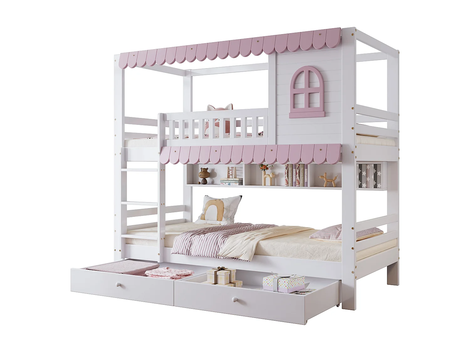 Lit superposé en bois - 90x200 cm - avec 2 tiroirs et étagères - Blanc & Rose (sans rideaux)