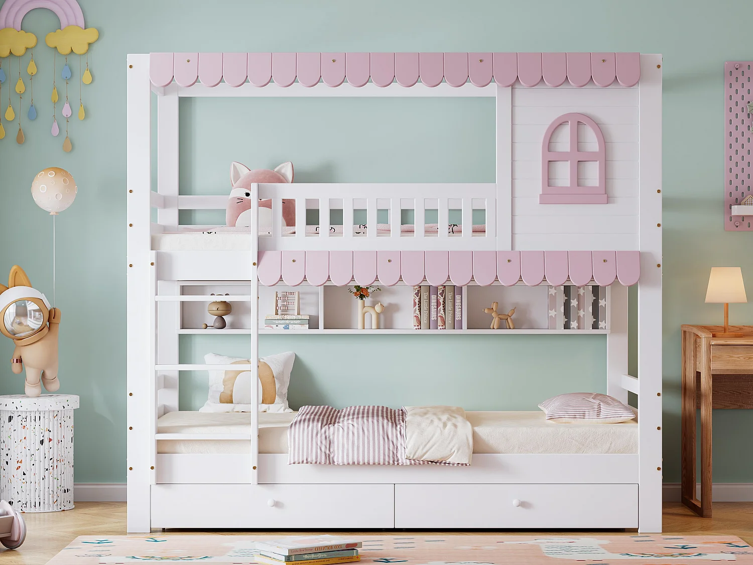 Lit superposé en bois - 90x200 cm - avec 2 tiroirs et étagères - Blanc & Rose (sans rideaux)