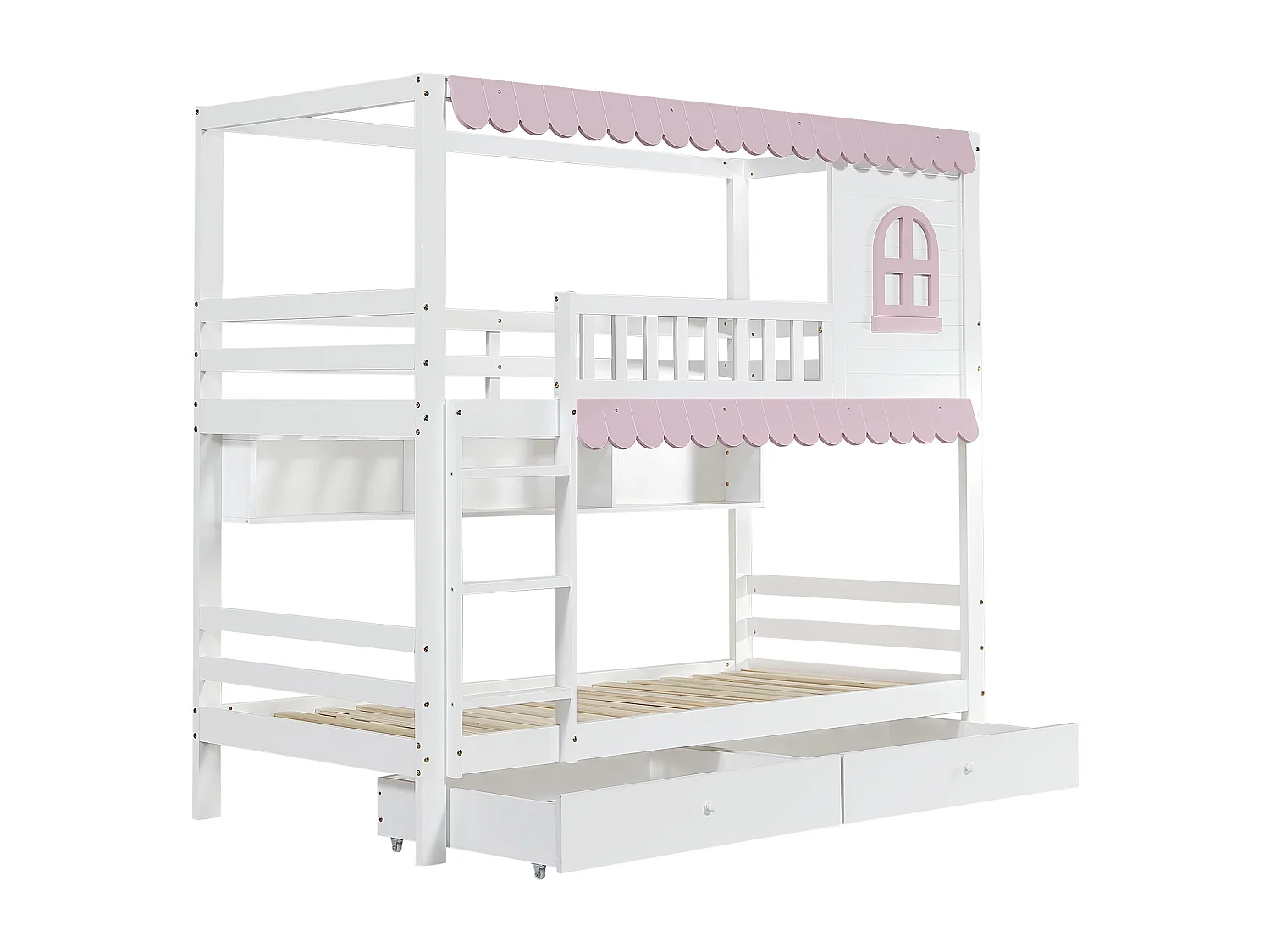 Lit superposé en bois - 90x200 cm - avec 2 tiroirs et étagères - Blanc & Rose (sans rideaux)