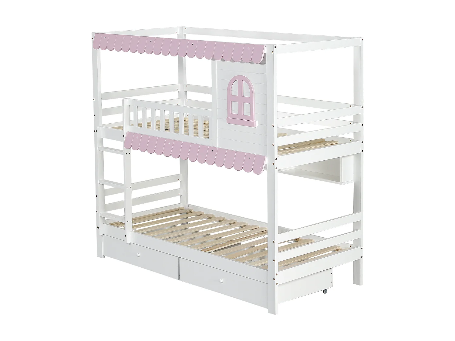 Lit superposé en bois - 90x200 cm - avec 2 tiroirs et étagères - Blanc & Rose (sans rideaux)