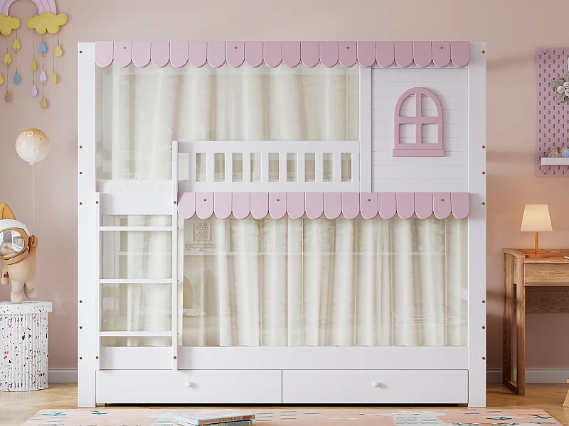 Etagenbett aus Holz – 90 x 200 cm – mit 2 Schubladen und Regalen – Weiß und Rosa (mit Vorhängen)