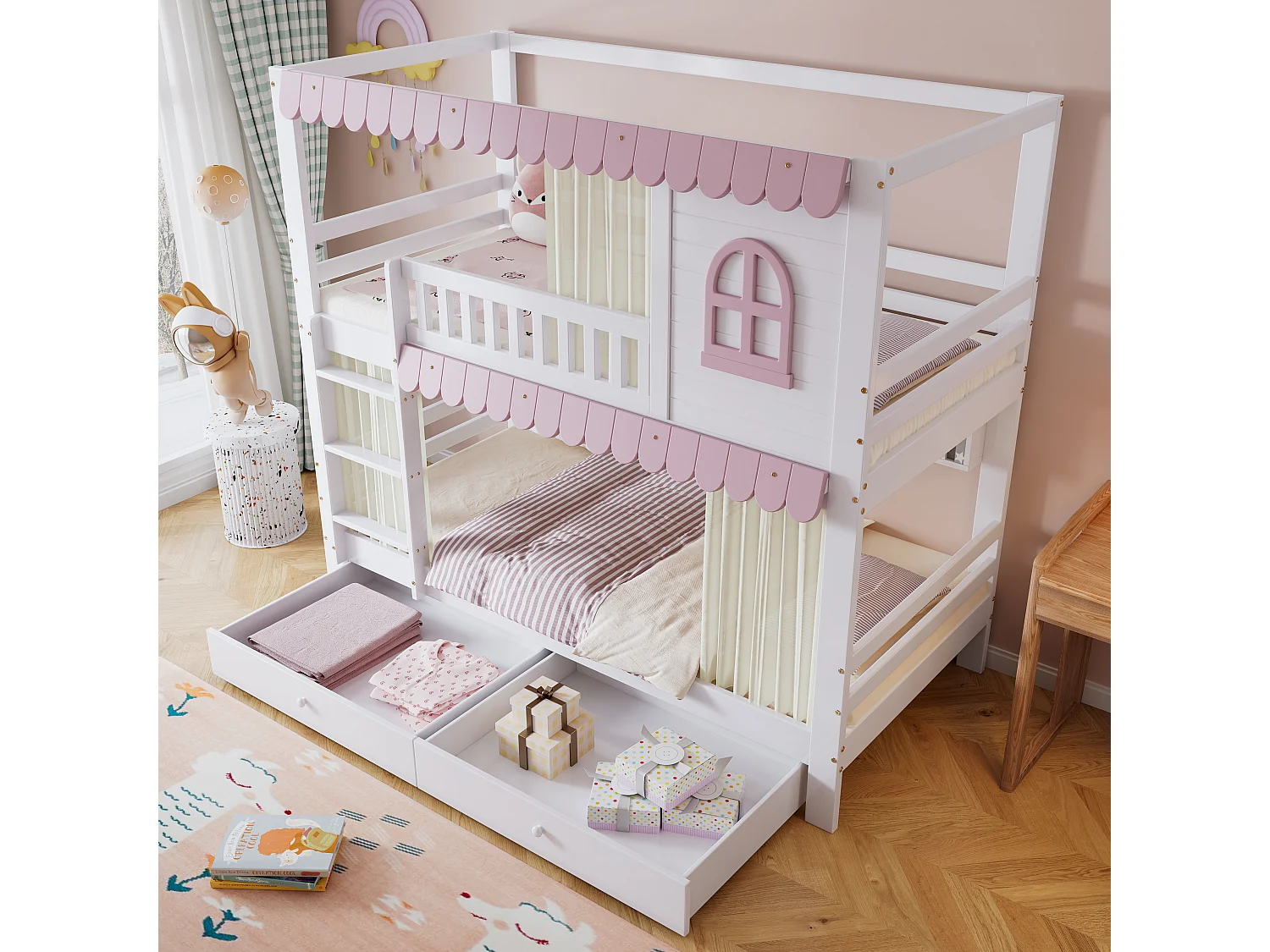 Houten stapelbed - 90x200 cm - met 2 lades en planken - Wit & Roze (met gordijnen)