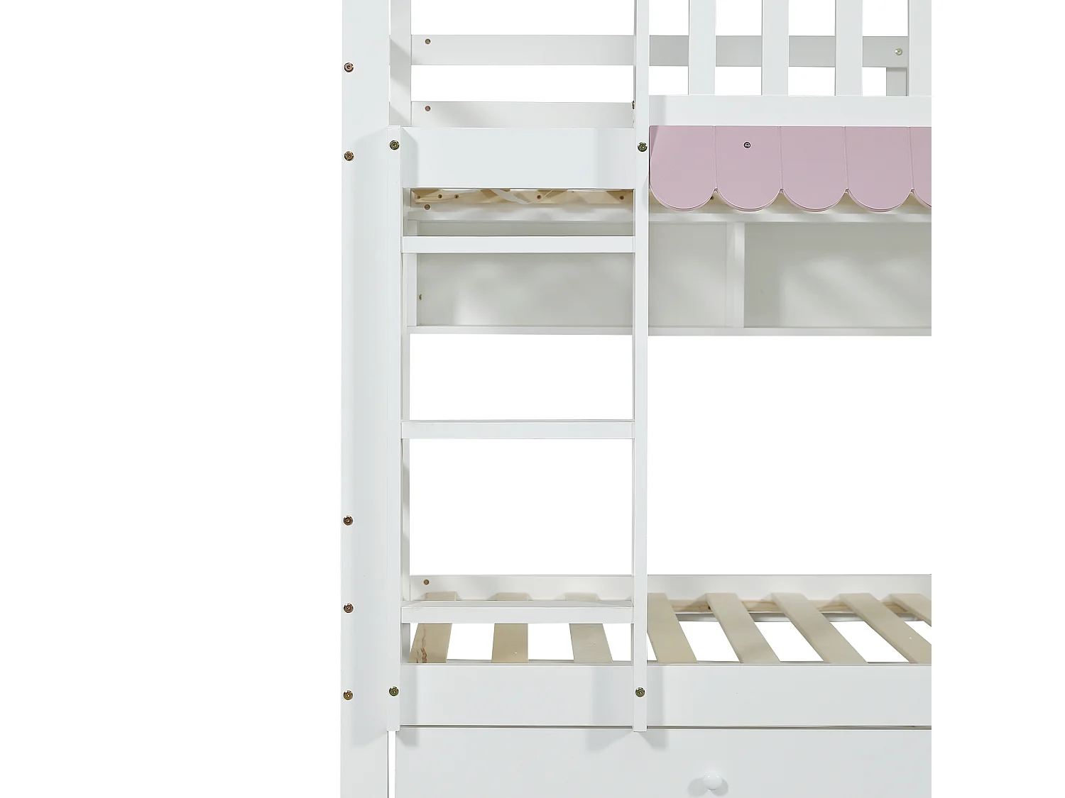 Houten stapelbed - 90x200 cm - met 2 lades en planken - Wit & Roze (met gordijnen)