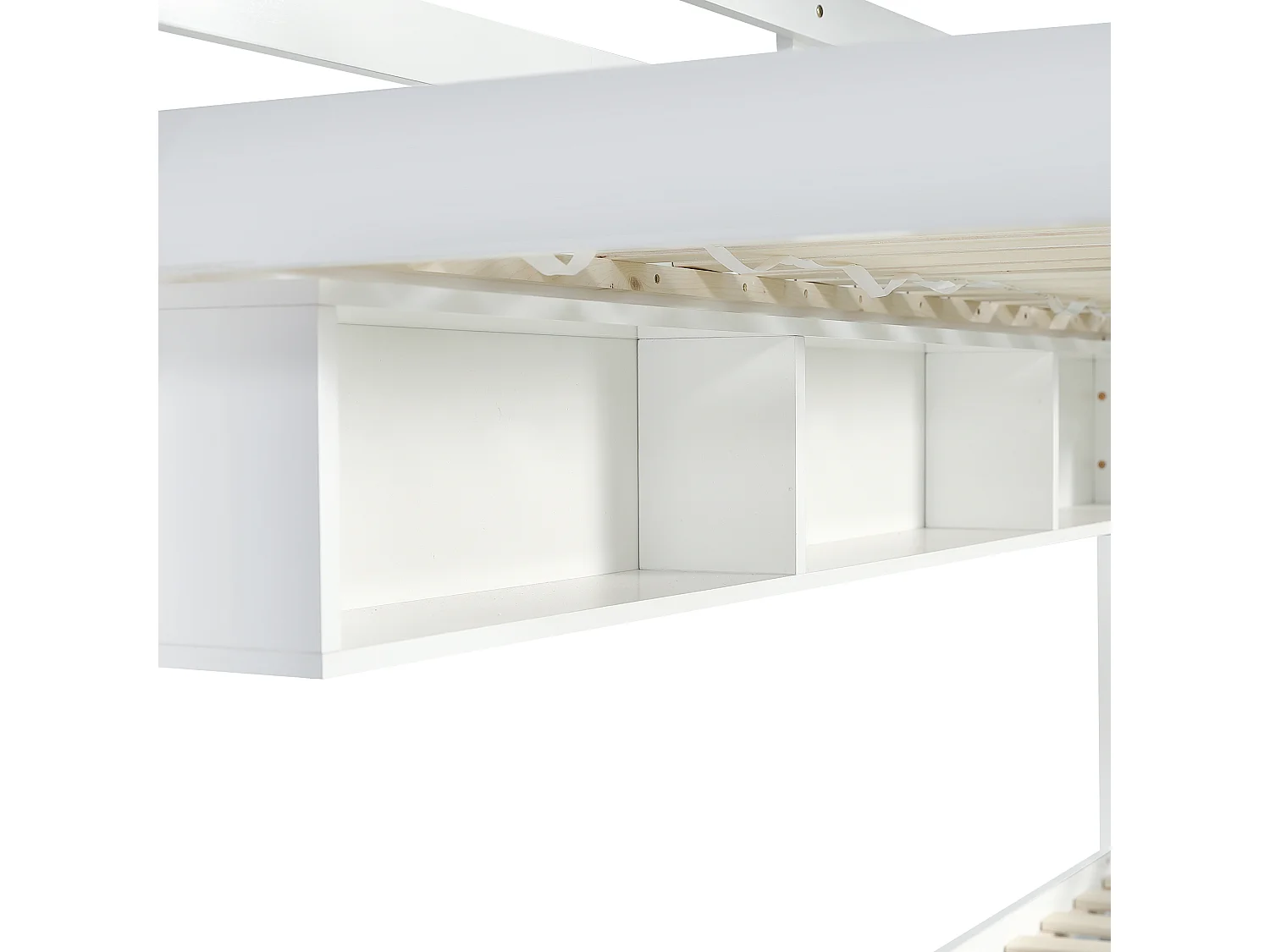 Houten stapelbed - 90x200 cm - met 2 lades en planken - Wit & Roze (met gordijnen)