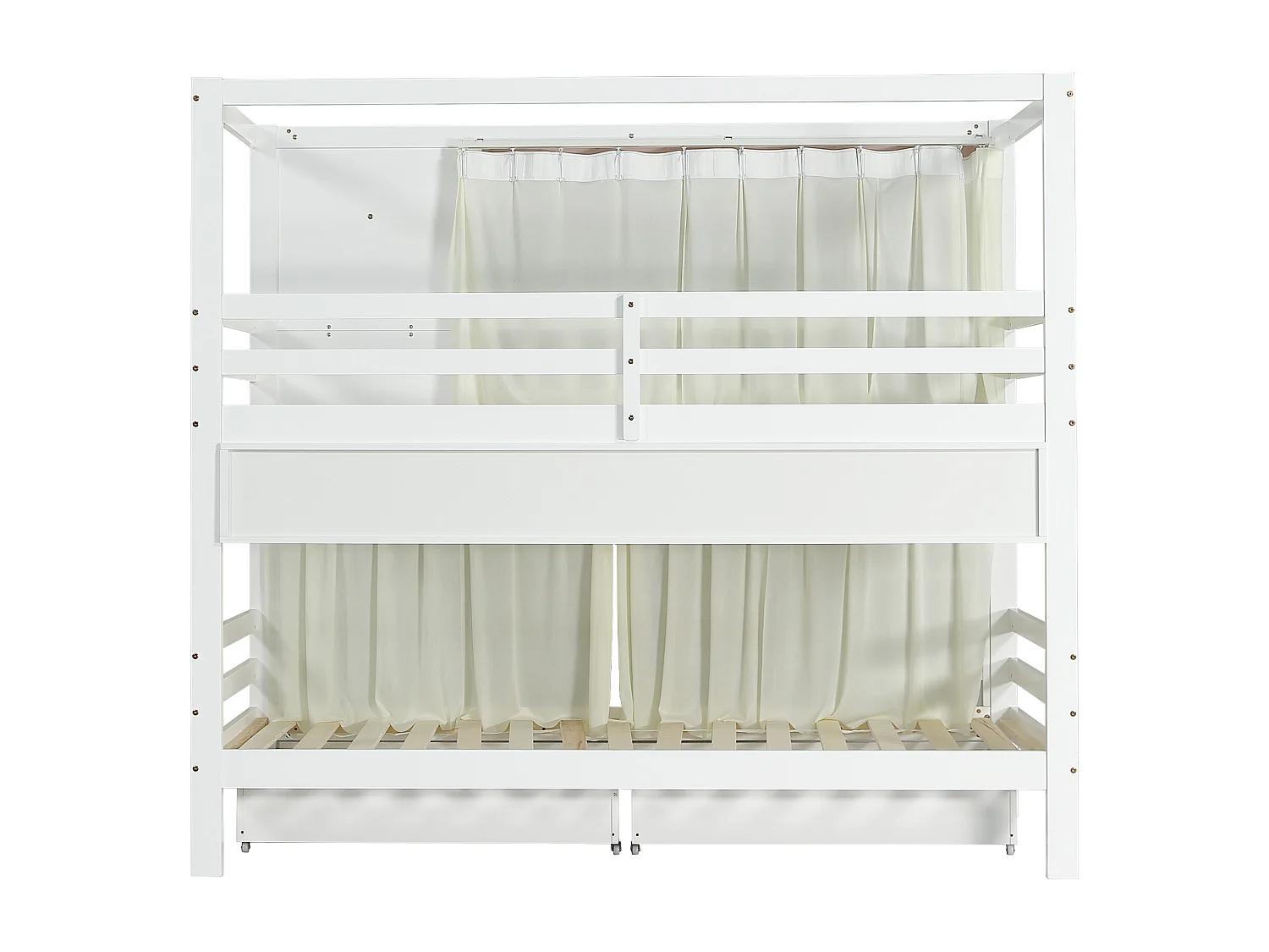 Houten stapelbed - 90x200 cm - met 2 lades en planken - Wit & Roze (met gordijnen)