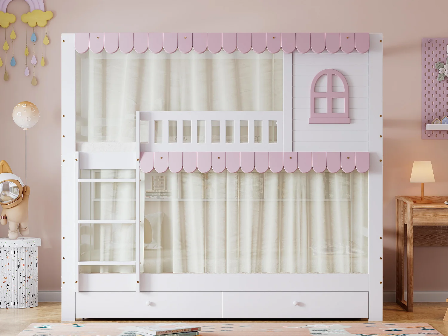 Houten stapelbed - 90x200 cm - met 2 lades en planken - Wit & Roze (met gordijnen)